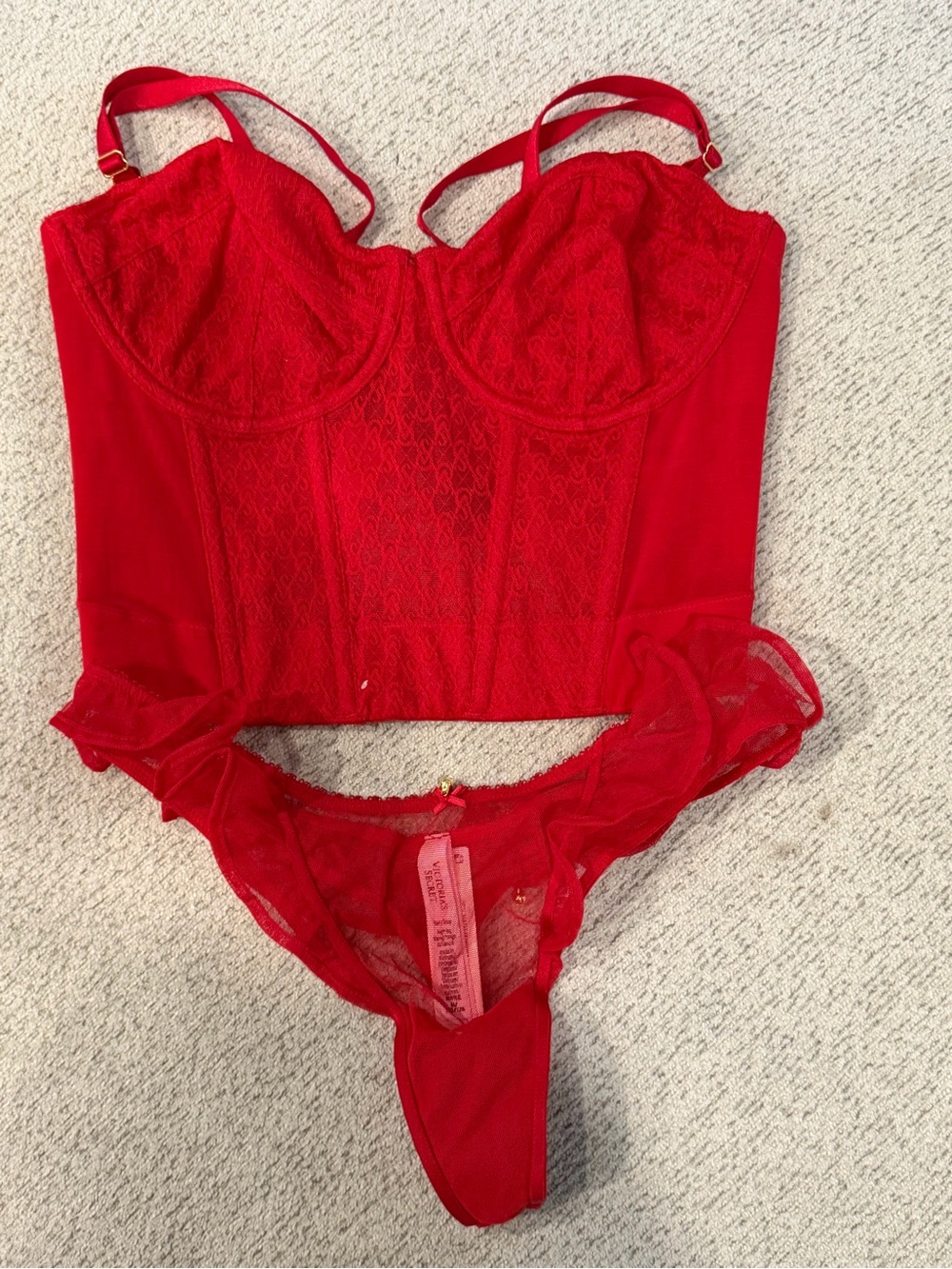 Victoria's Secret Red Lace Longline Bustier 34D with Ruffle Thong Medium